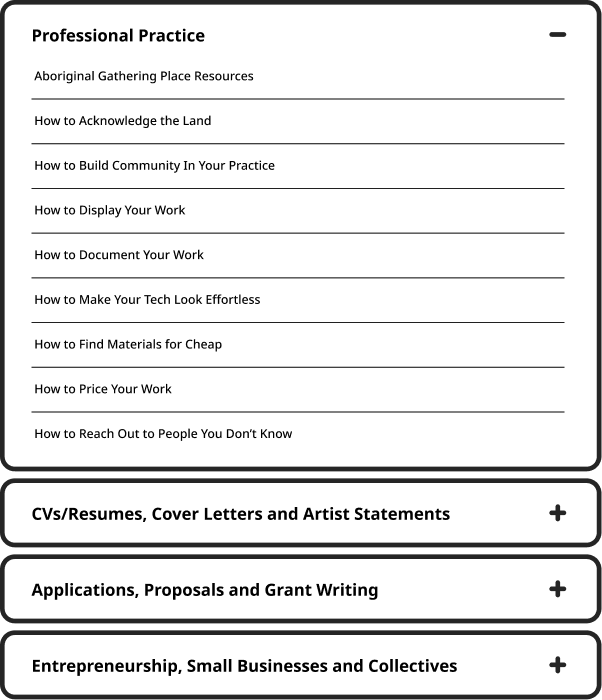 close up shot of the resources page with expandable sections